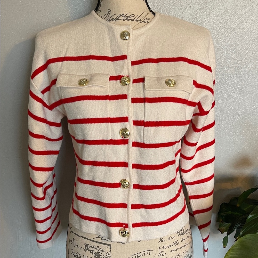 F&F Red Stripe Gold Button Cardigan Jacket Womens Small Nautical Parisian